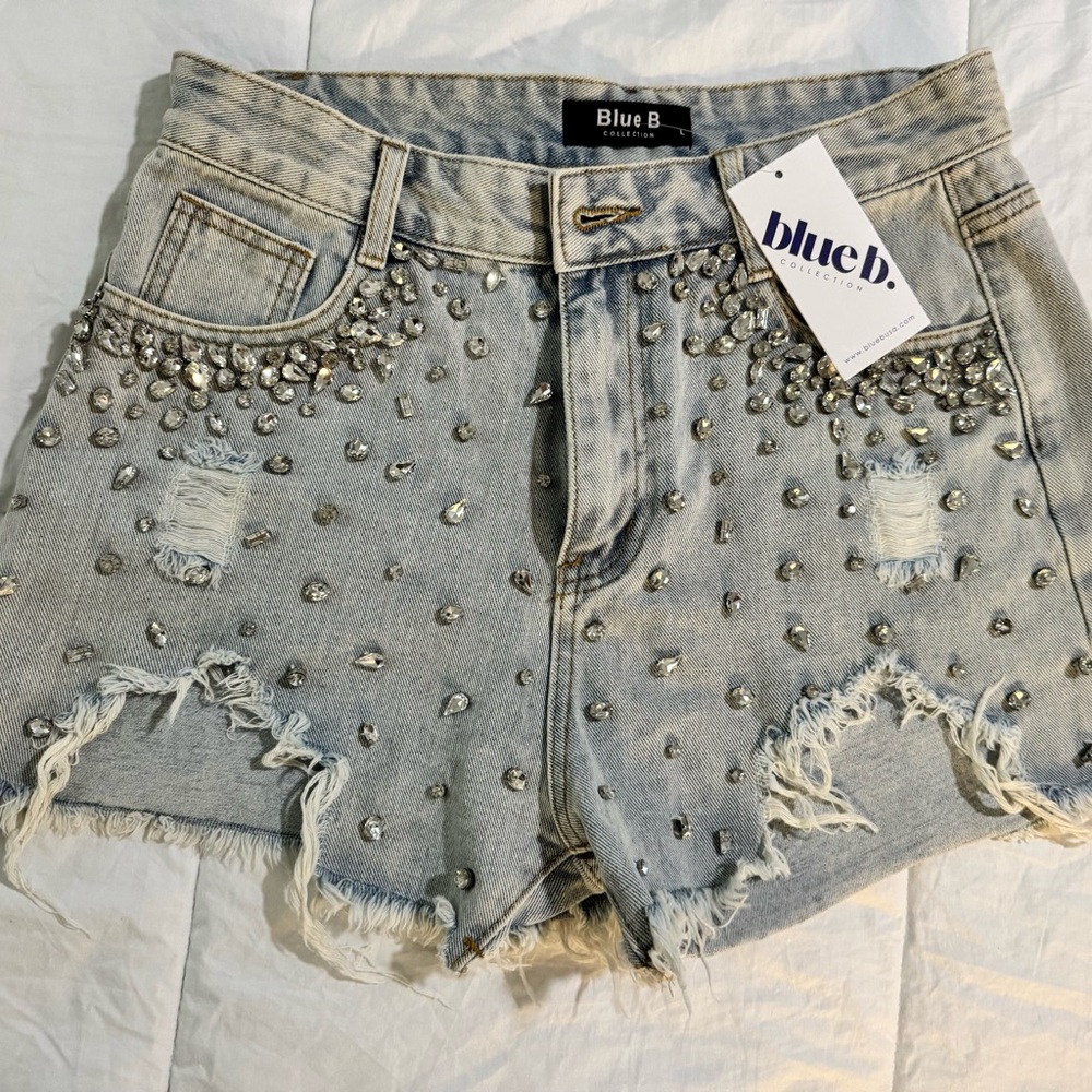 Blue b. Collection Distressed Denim Shorts with Rhinestones NWT